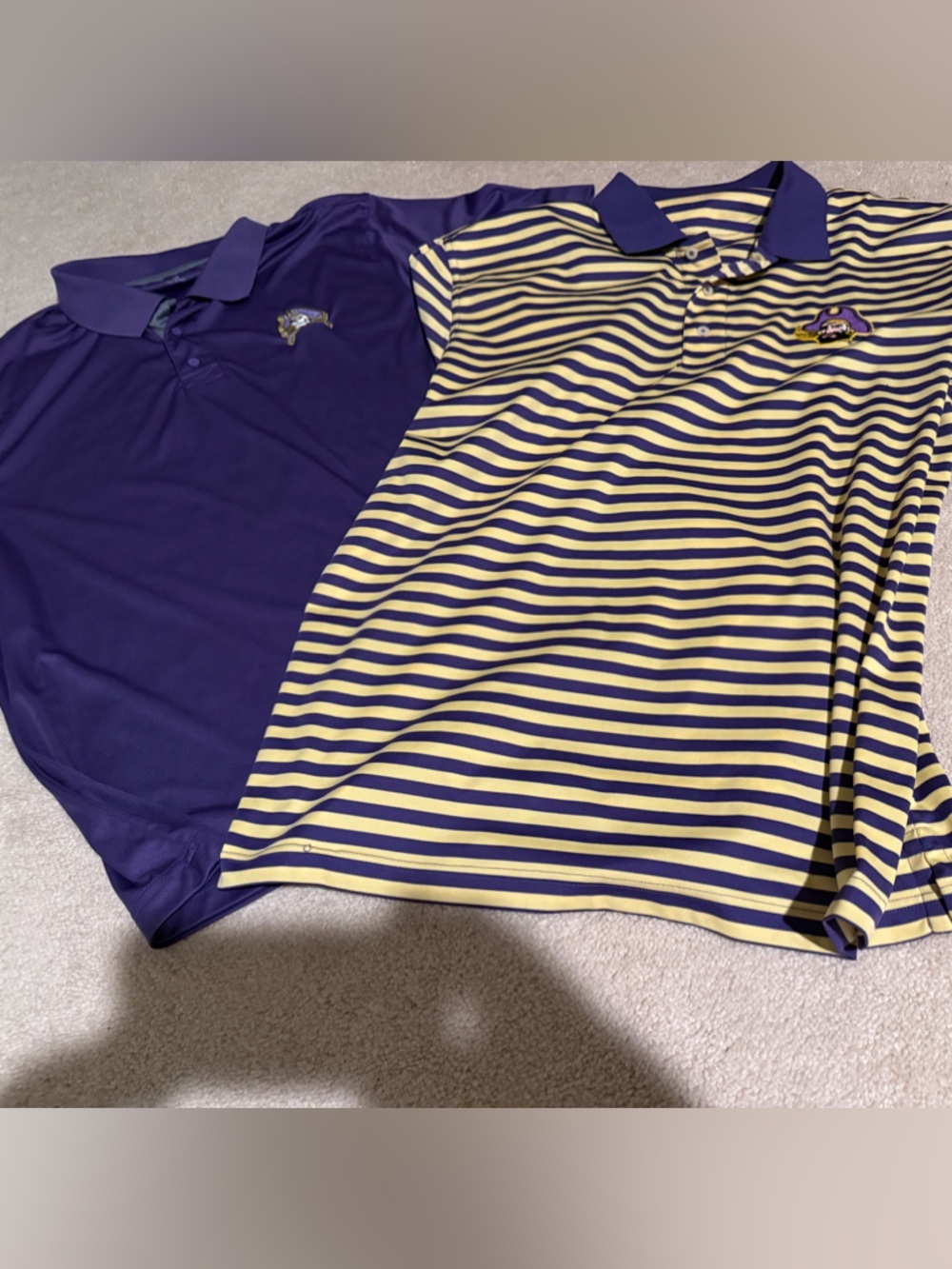 Set of 2 ECU Pirates Purple Solid Polo & Purple-Yellow Striped Polo